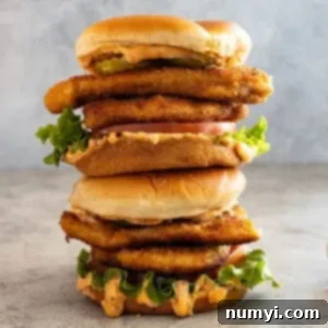 Two chicken sandwiches stacked on top of each other.