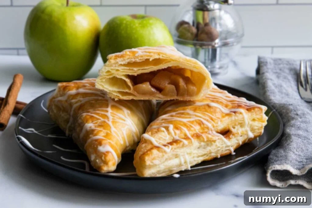 Quick & Flaky Apple Hand Pies 2 Apple turnovers on black plate with green apples in the background.