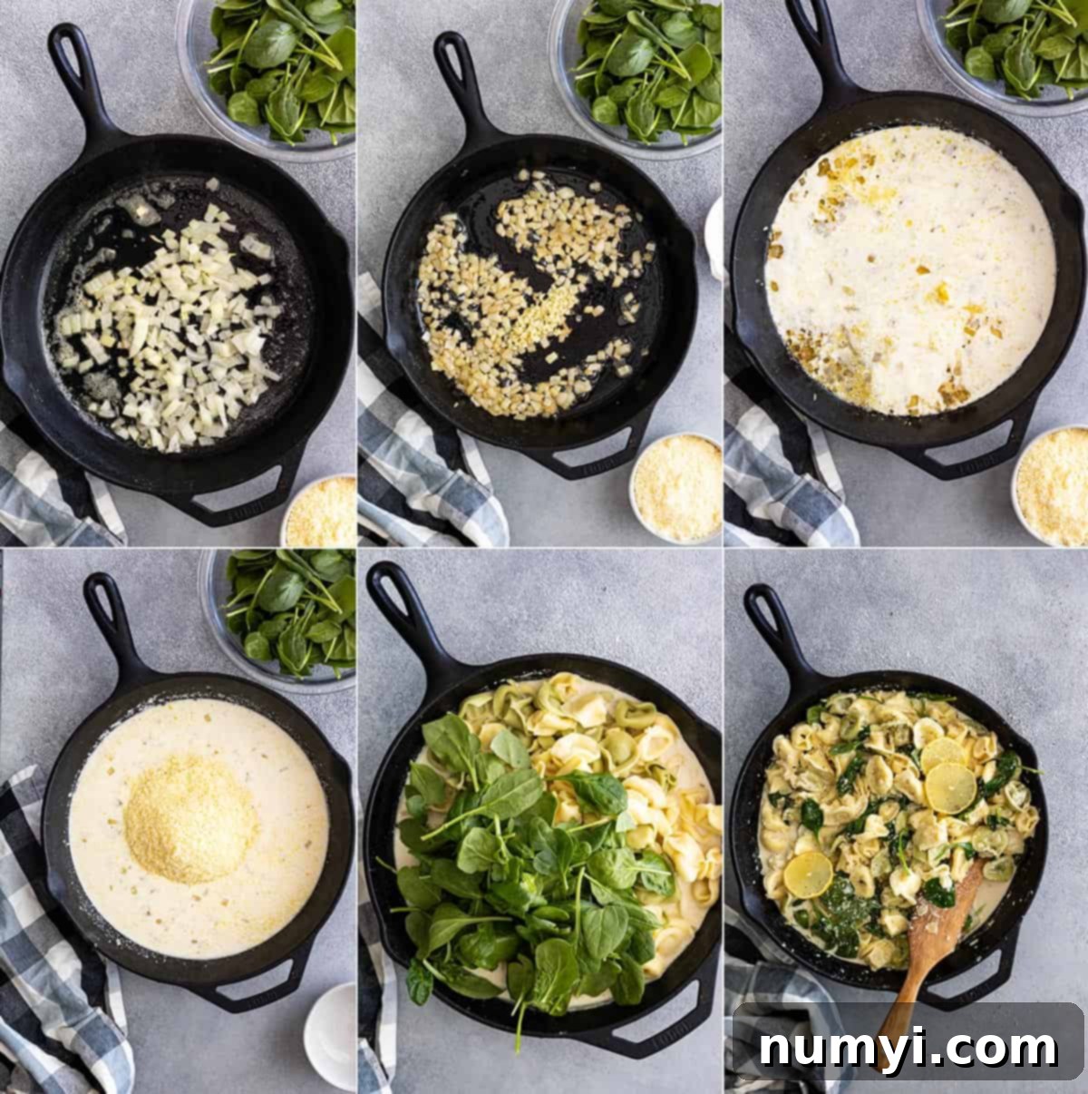 A sequence of six photos illustrating the preparation of this creamy lemon tortellini recipe. The first shows sautéing diced onion in butter. The second captures the addition of minced garlic. The third depicts heavy cream and pasta water being poured into the skillet. The fourth shows grated Parmesan cheese being stirred in. The fifth displays fresh spinach and cooked tortellini being incorporated. The final image presents the finished creamy lemon tortellini dish in a large skillet, ready to serve.