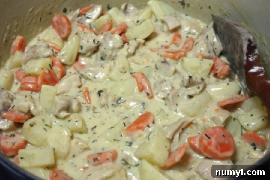 Close-up of a rich, creamy chicken pot pie filling with chicken, potatoes, and carrots simmering in a pot.