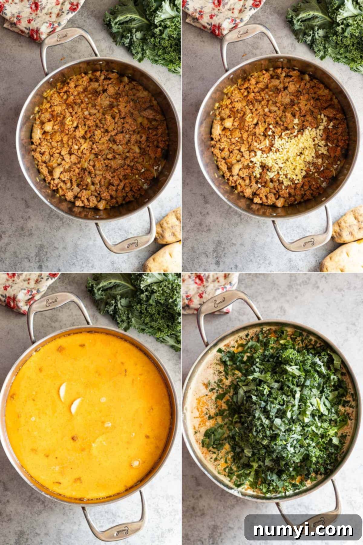 Four pictures showing how to make the soup: Brown the sausage, bacon, and onion. Add the garlic. Add the broth, water, cream, and potatoes. Stir in the kale at the end. 