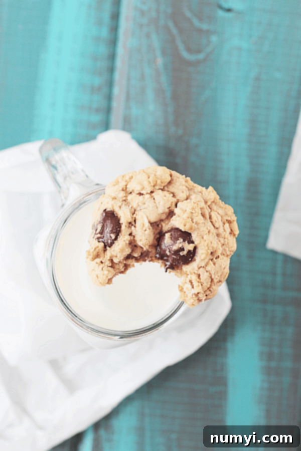 an oatmeal chocolate chip cookie with a bite taken out of it, resting on a jar of milk
