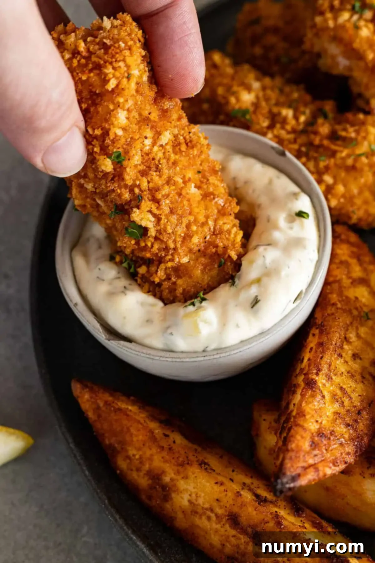 A crispy fish stick being dunked into a bowl of creamy homemade tartar sauce.