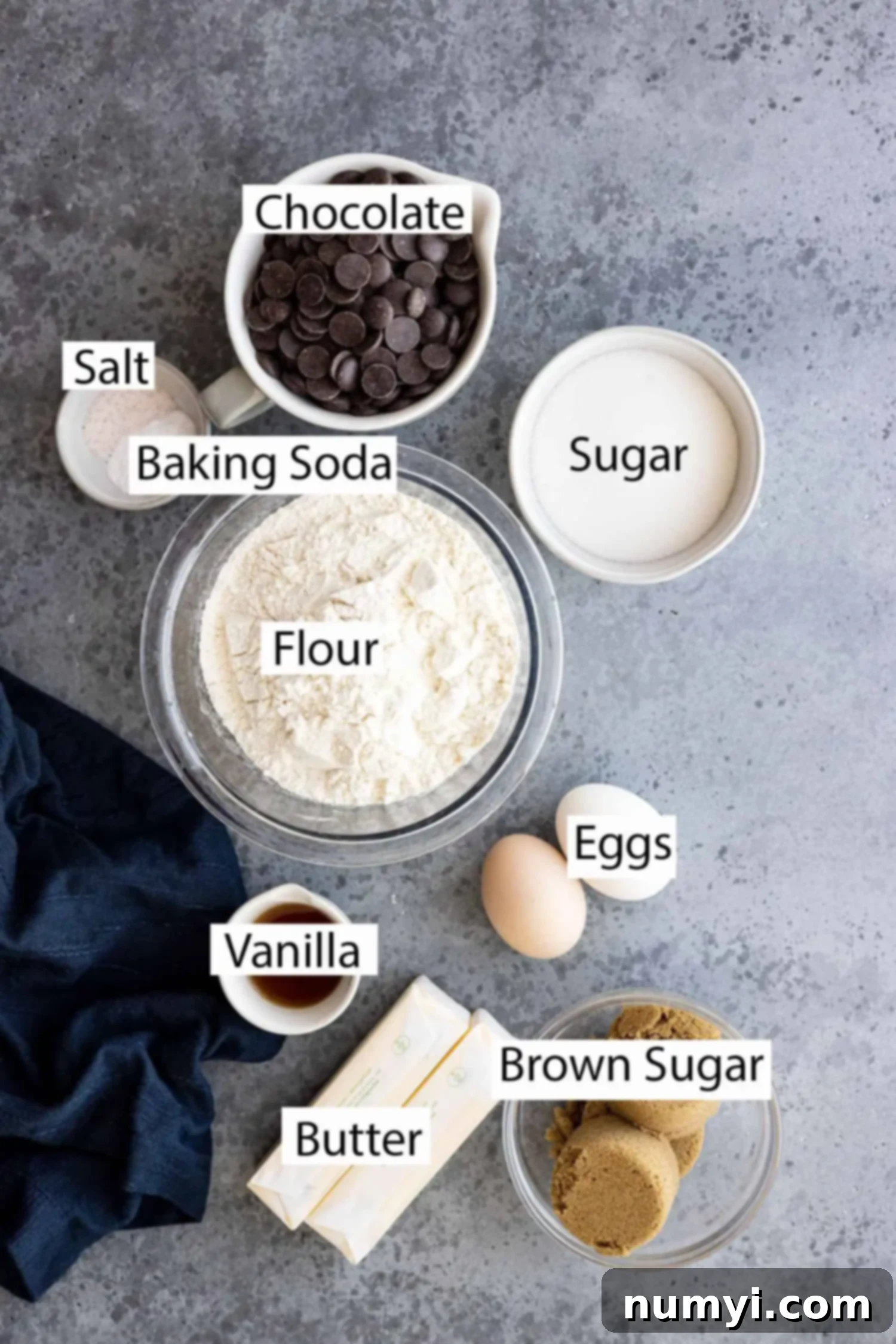 Ingredients: flour, sugar, brown sugar, salt, baking soda, eggs, vanilla, butter, and chocolate. 