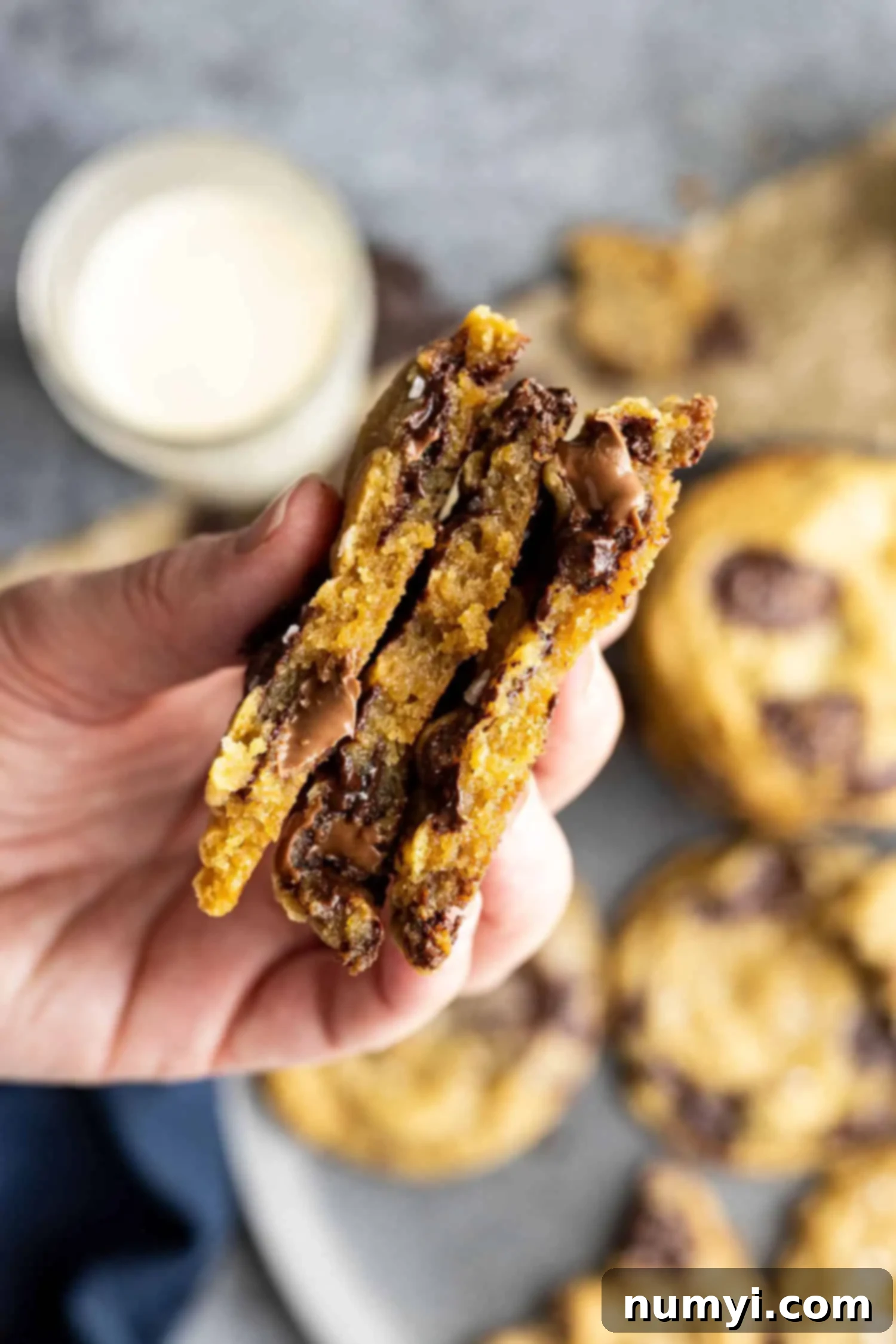A hand holding cookies broken in half to show the thickness of the cookies and the inside. 