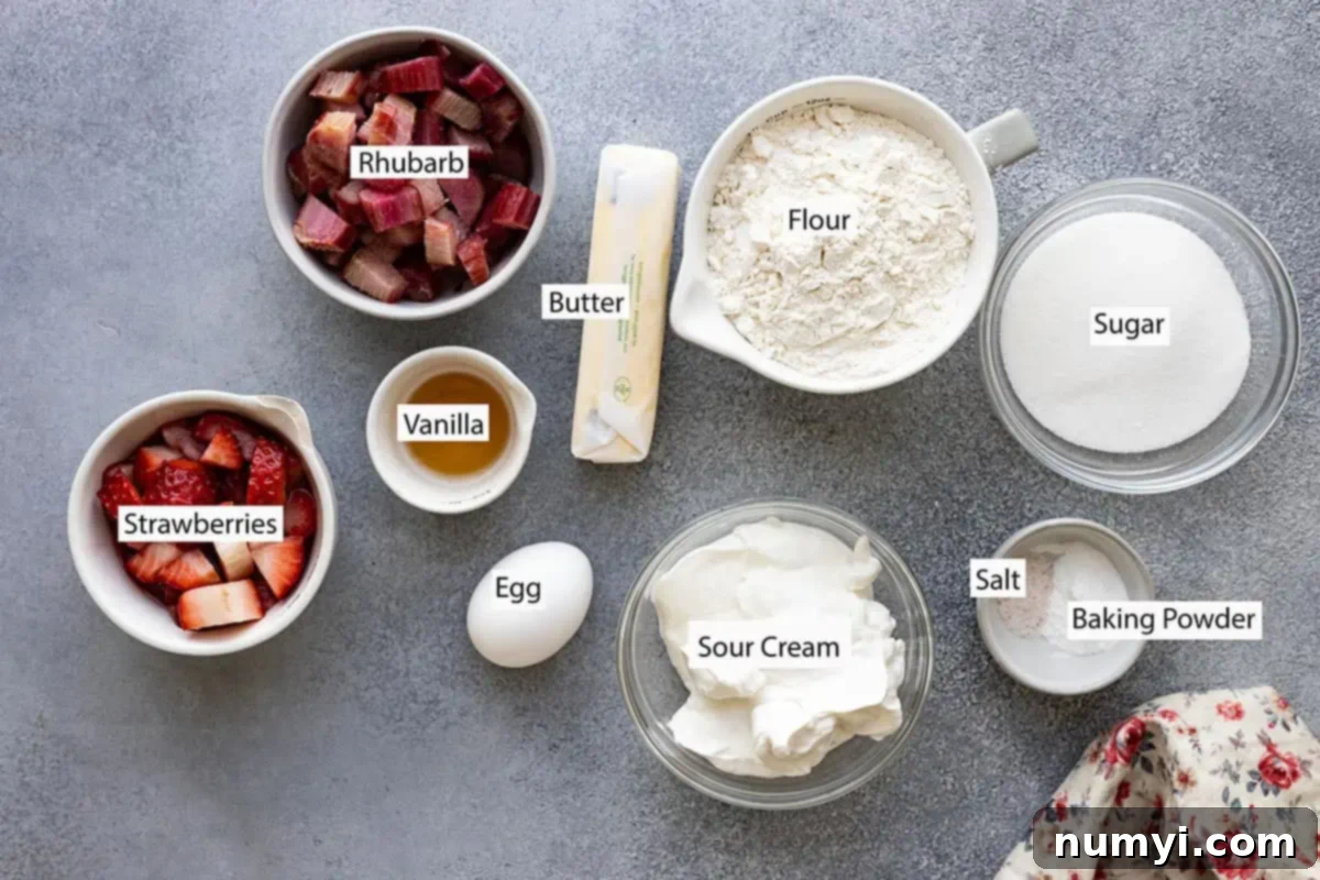 Ingredients: Rhubarb, strawberries, flour, butter, vanilla, sugar, salt, baking powder, sour cream, and egg. 