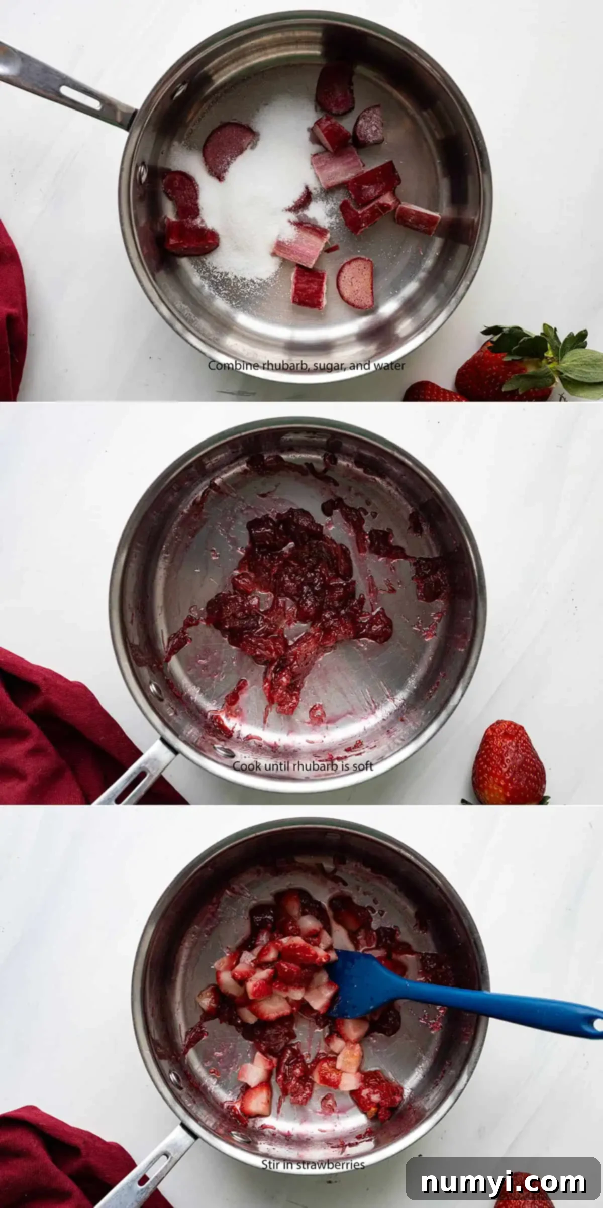 A three-panel photo demonstrating the steps to cook the strawberry rhubarb fruit mixture: chopped rhubarb, sugar, and water in a saucepan; simmering until soft; and finally, stirring in chopped strawberries.