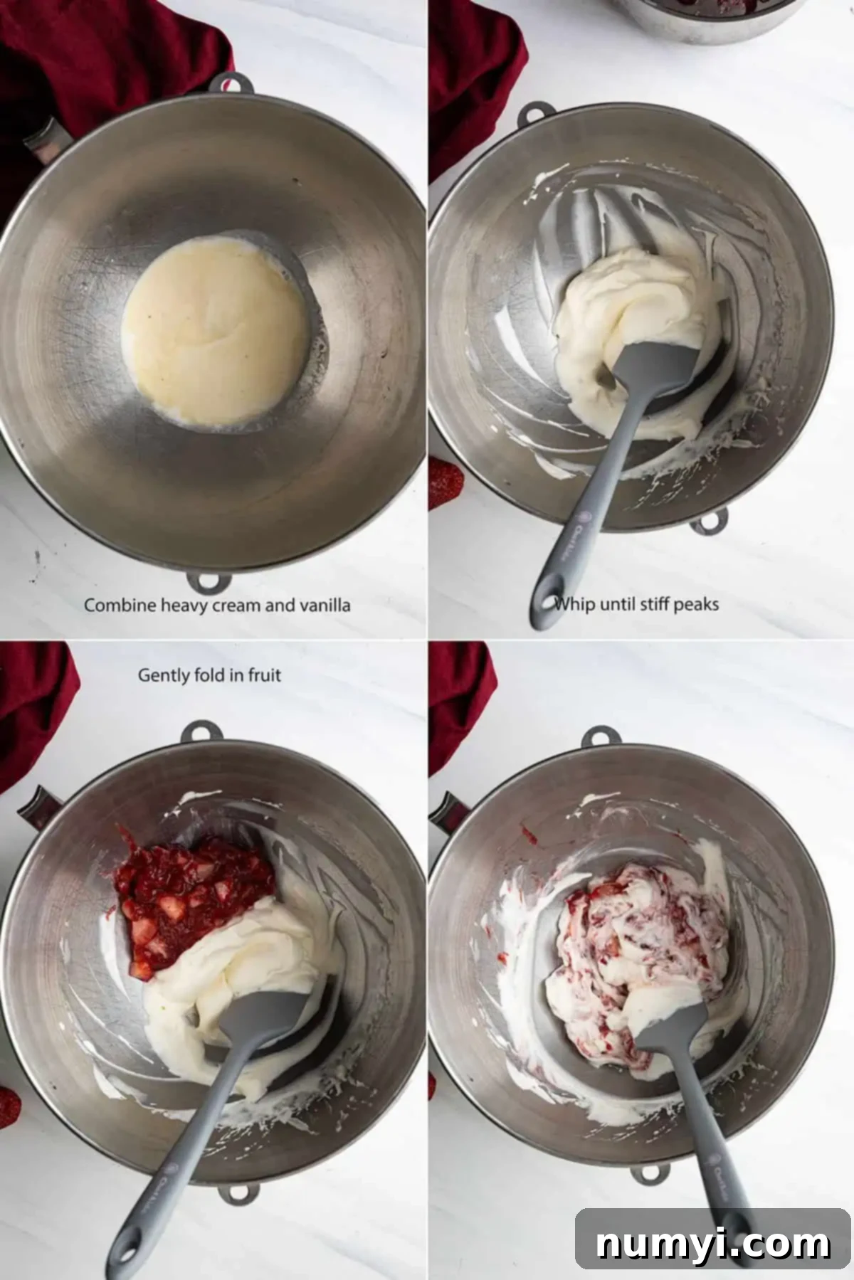 A four-panel photo montage illustrating the final steps of making Strawberry Rhubarb Fool: whipping cream, gently folding in the fruit mixture, spooning into serving dishes, and the final chilled dessert.