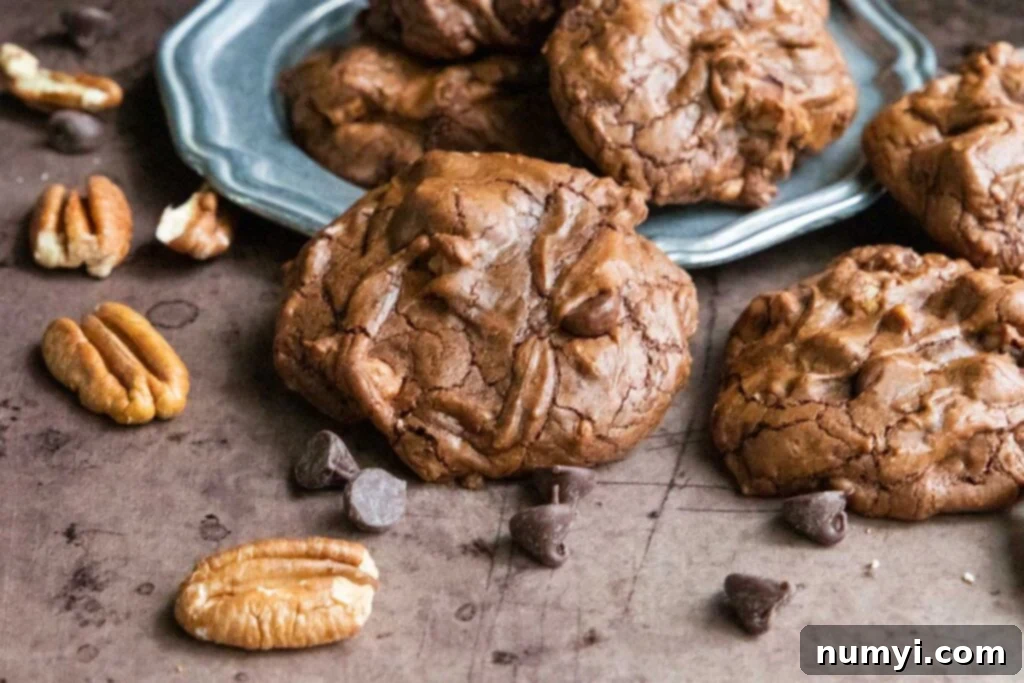 Close-up of baked brownie cookies on a silver plate, showing their rich chocolate color and texture.