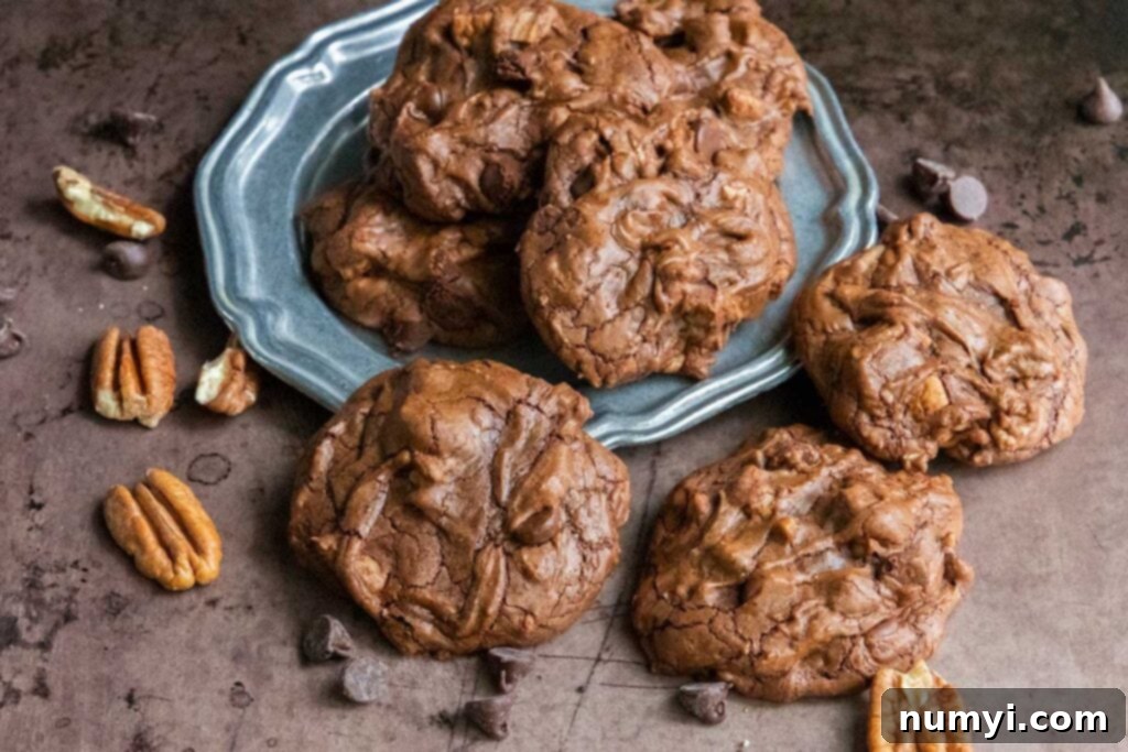 Freshly baked brownie cookies cooling on a wire rack with a silver plate in the background.