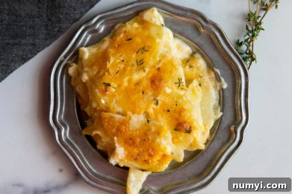 Potatoes Au Gratin with Gruyere cheese on a pewter platter