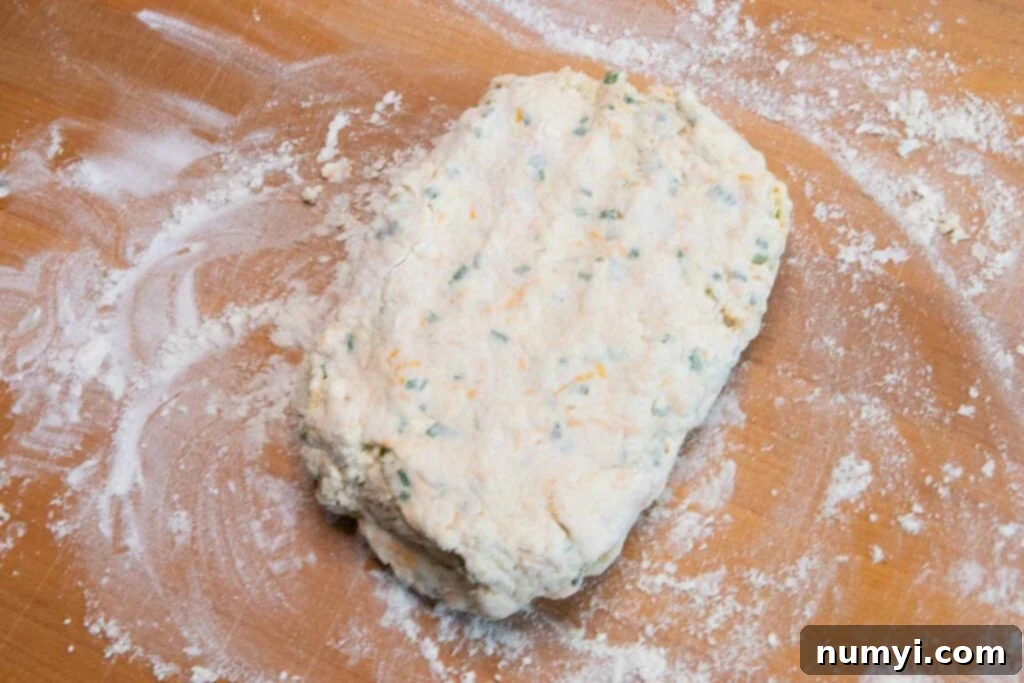 Fluffy Cheddar Chive Biscuits 6 Shaggy cheddar chive biscuit dough gently gathered on a floured wooden cutting board, ready for light folding.