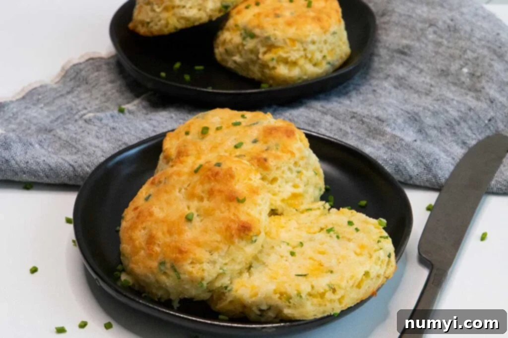 Fluffy Cheddar Chive Biscuits 8 Freshly baked, golden-brown cheddar chive biscuits piled on a black plate, ready to be served warm.