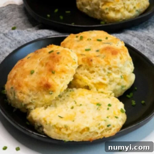 Fluffy Cheddar Chive Biscuits 9 Freshly baked cheddar chive biscuits piled on a black plate.