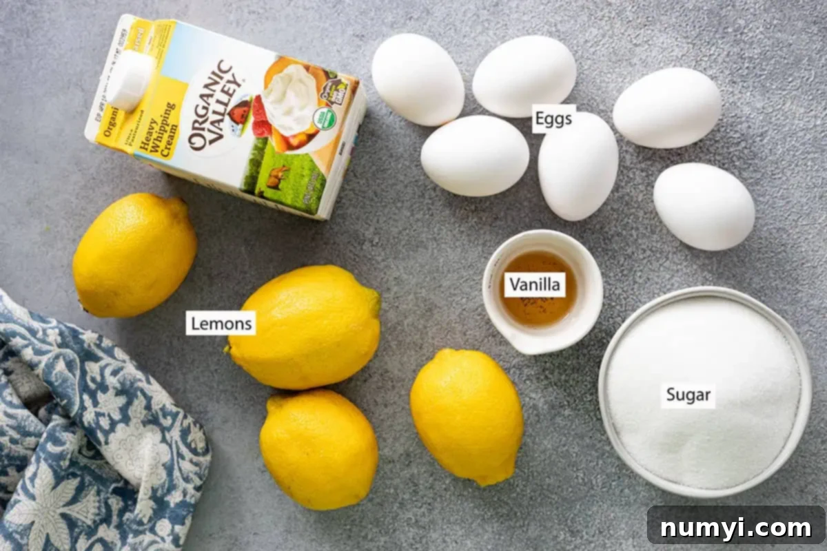 Ingredients: lemons, eggs, heavy cream, vanilla, and sugar. 