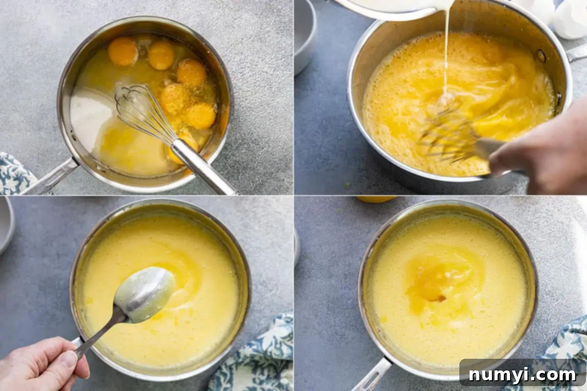 Four pictures showing how to make the lemon curd for the mousse. 