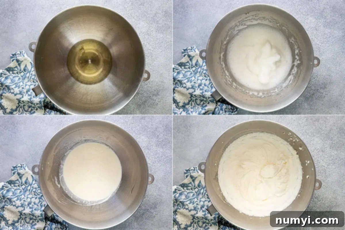 Four pictures showing how to whip the egg whites and heavy cream.