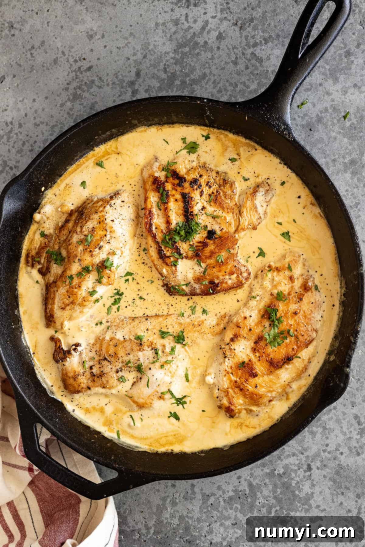 Overhead view of creamy garlic chicken in a cast iron pan, garnished with fresh herbs.