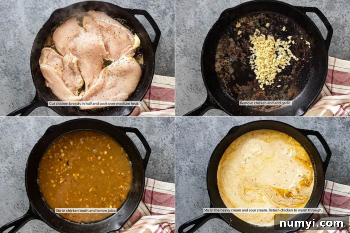 Four pictures showing how to make this super yummy chicken dish step-by-step.