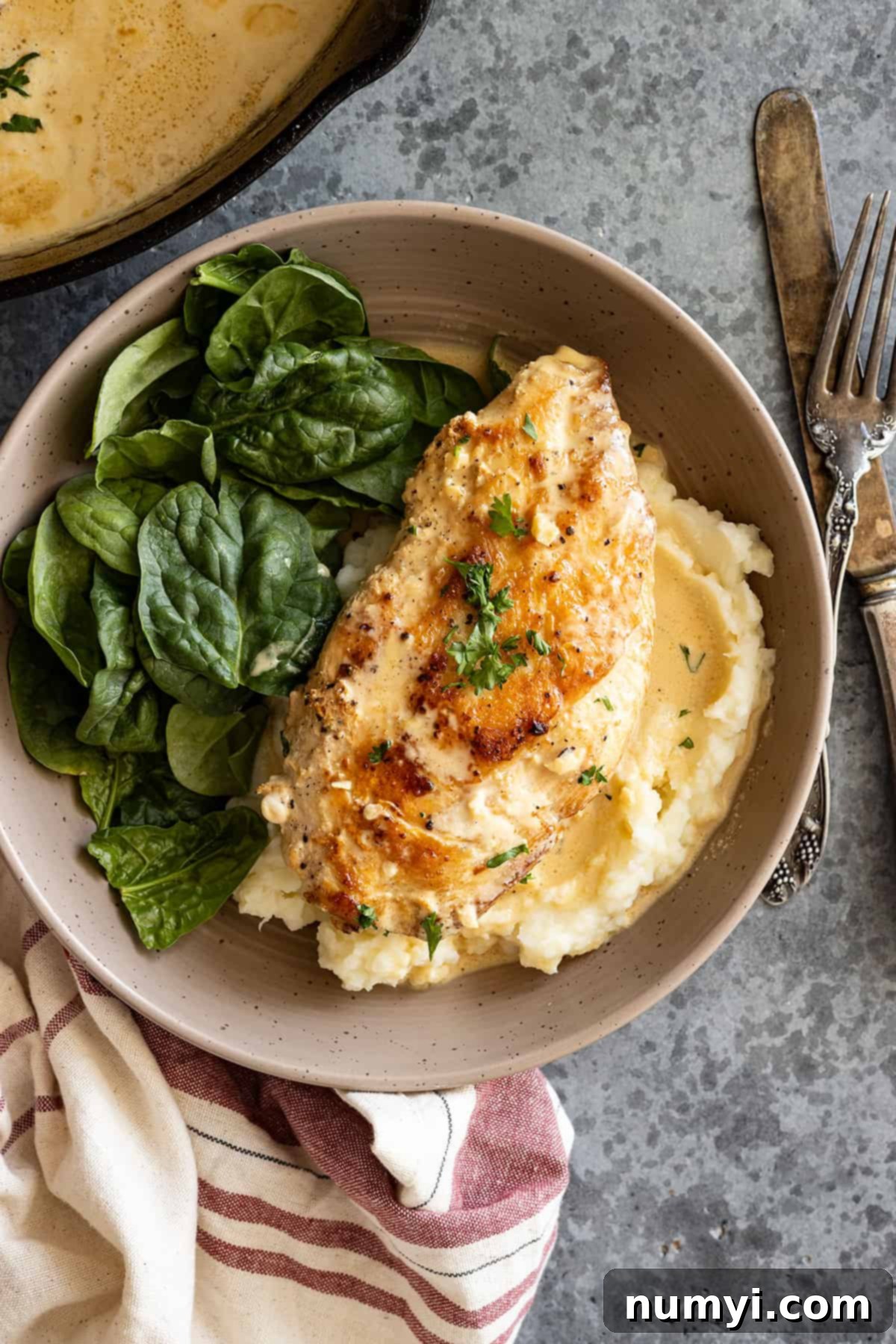 Overhead view of chicken on a plate with mashed potatoes and a side salad, ready to eat.