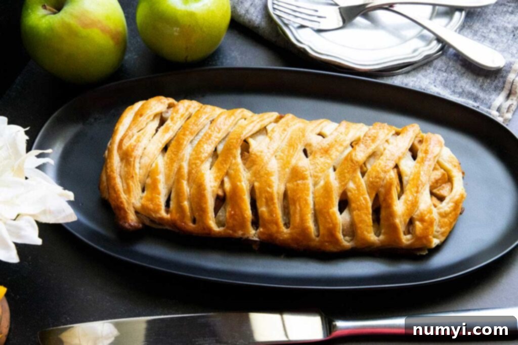 Flaky Apple Strudel Delight 2 Freshly baked apple strudel on a black platter, golden brown and glistening.