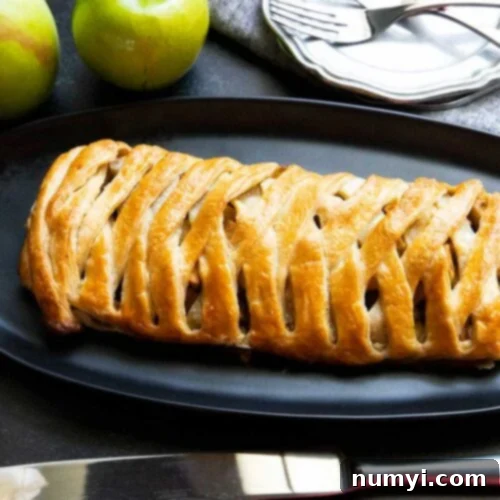 Flaky Apple Strudel Delight 8 Apple strudel on black platter.