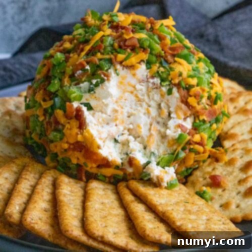 Jalapeno Popper Cheese Ball on a black plate with crackers.
