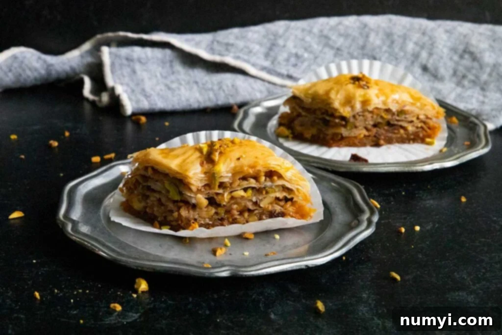 Several slices of baklava elegantly arranged on silver plates, showcasing their golden-brown color and inviting texture.