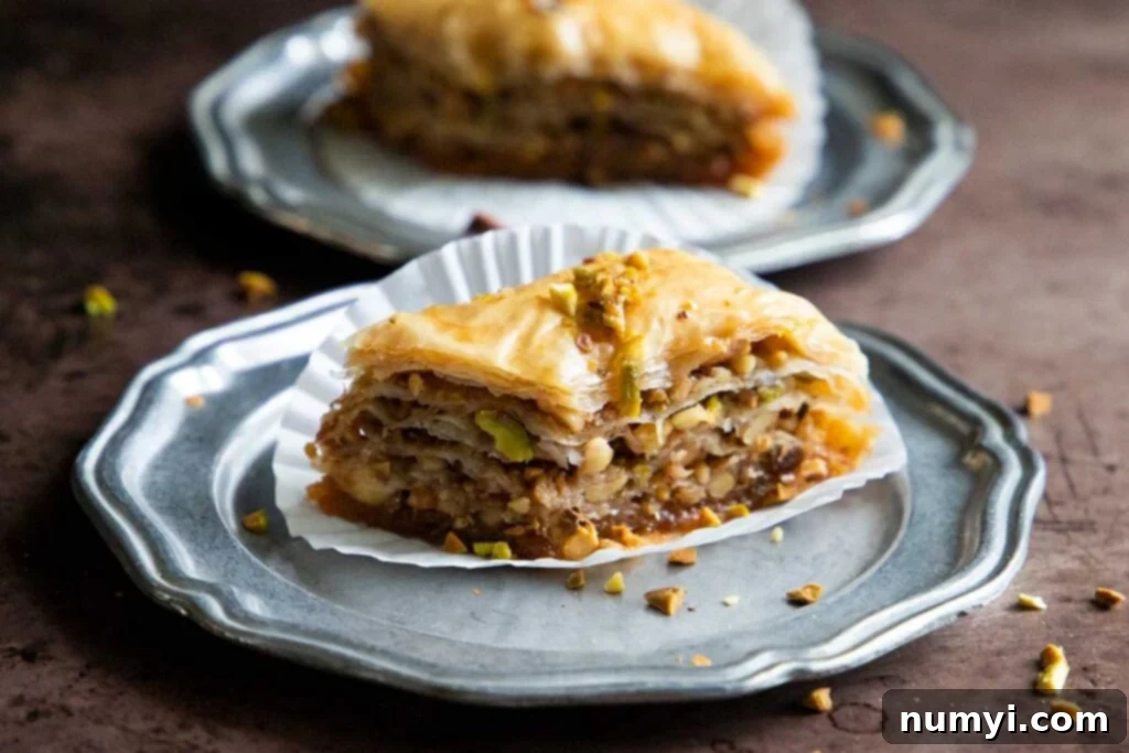 Close-up of golden brown baklava on silver plates, showcasing the rich, glistening honey syrup and chopped nut topping.
