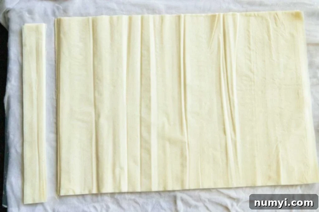 Phyllo dough sheets neatly trimmed to fit a baking pan, ready for layering.