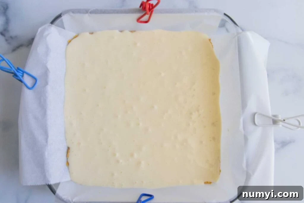 A smooth, light-colored cheesecake layer poured evenly over the graham cracker crust in a baking pan, awaiting the pumpkin layer.