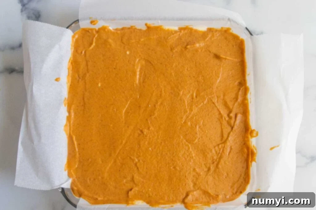 The spiced pumpkin cheesecake layer poured over the plain cheesecake layer in the baking pan, ready for baking to create the two-tone bars.