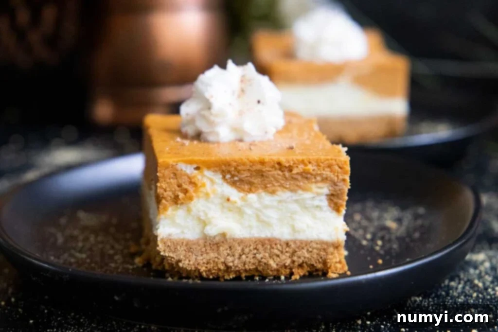 Several perfectly cut pumpkin cheesecake bars arranged on a black plate, showing off their distinct layers and tempting texture.