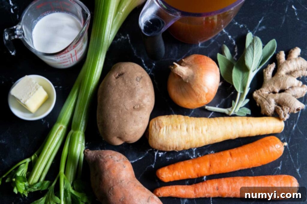 Rustic Root Medley 5 A collection of fresh root vegetable soup ingredients including carrots, parsnips, potatoes, and herbs.