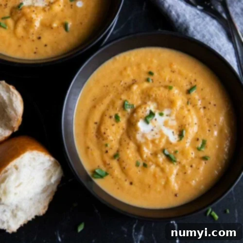 Rustic Root Medley 10 Root vegetable soup in black bowls.