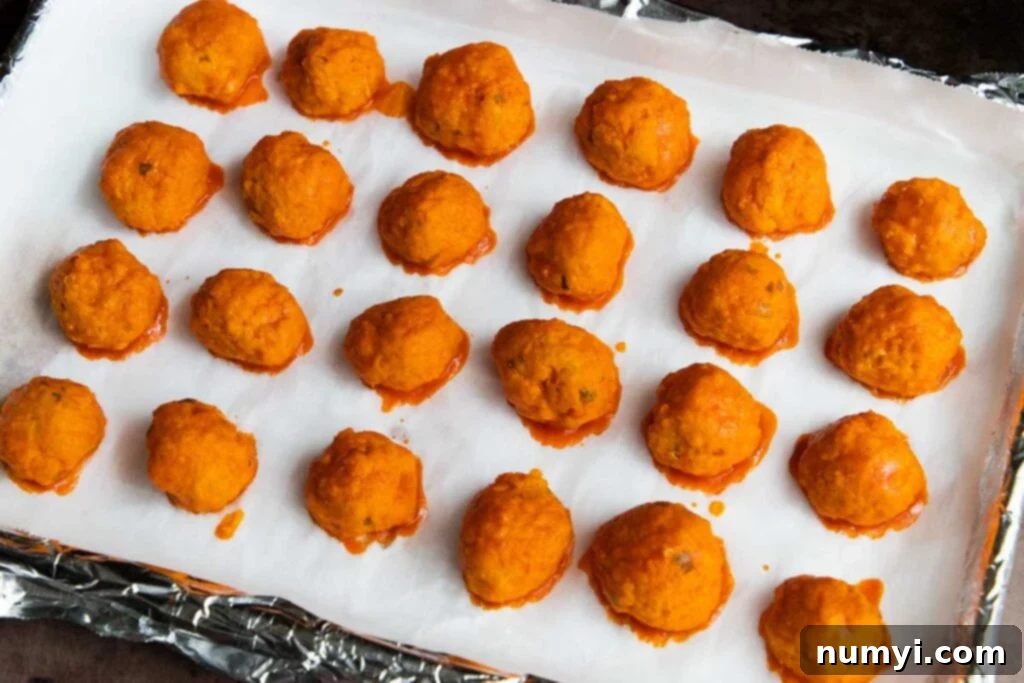 Buffalo chicken meatballs right out of the oven.