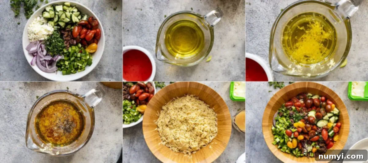 Six pictures showing the step-by-step process of making the Mediterranean orzo pasta salad: prepping the vegetables, whisking the dressing, and combining all ingredients.