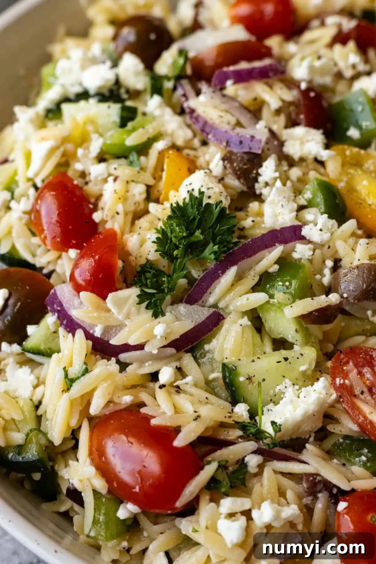 Close up of a vibrant bowl of Mediterranean orzo pasta salad, showcasing the texture of orzo, fresh vegetables, and crumbled feta cheese.