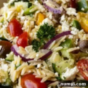 Close up of orzo pasta salad.