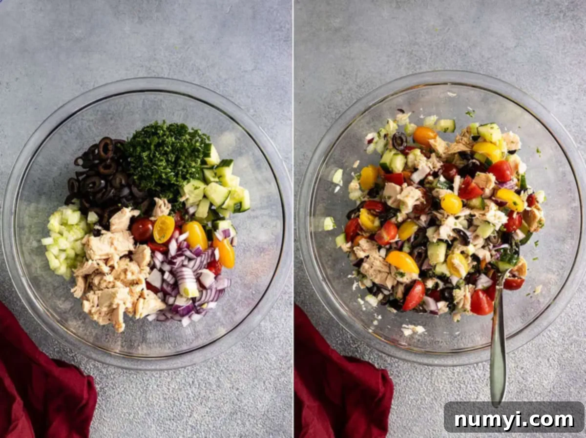 Two pictures demonstrating the preparation of Mediterranean tuna salad. The first shows chopped vegetables and drained tuna in a bowl. The second shows the dressing being poured over the salad.