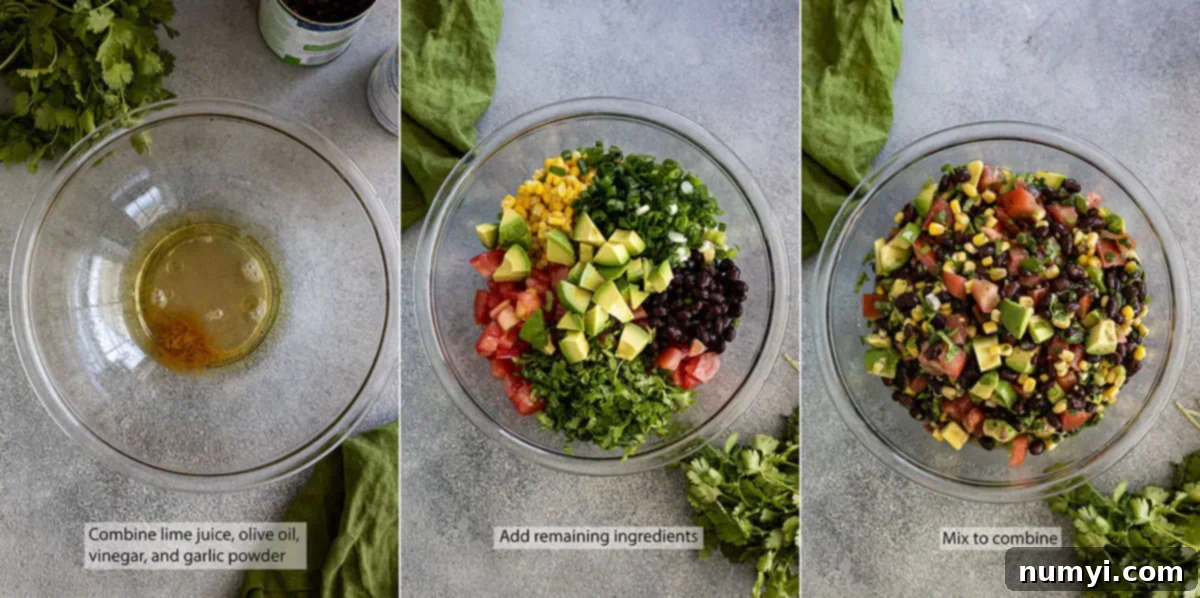 Three pictures showing how to make black bean salsa. 