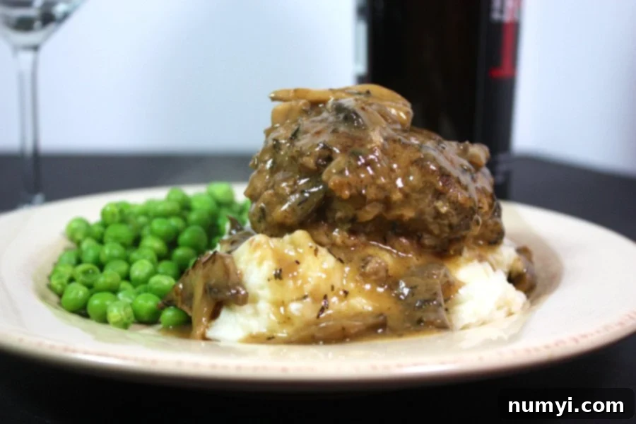 Homestyle Salisbury Steak with Rich Mushroom Gravy 6 Salisbury Steak with Mushroom Gravy - Simple, hearty and delicious. Serve over mashed potatoes and everyone is happy!