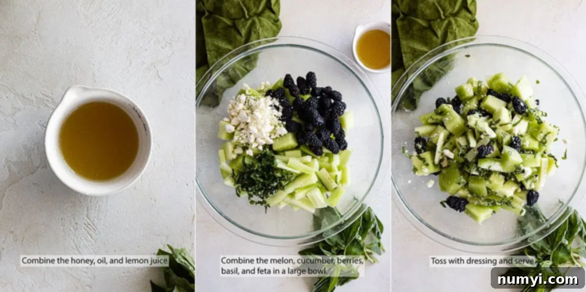 Crisp Honeydew Cucumber Medley 4 Three pictures showing how to make the salad.