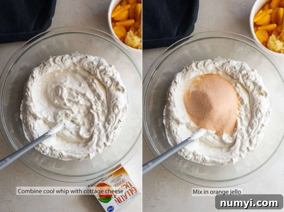Two pictures showing how to mis the cool whip and cottage cheese then adding in the jello.