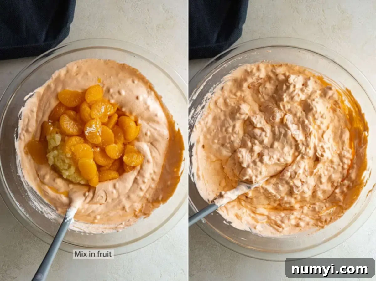 Two pictures showing mixing in the fruit then the final product.