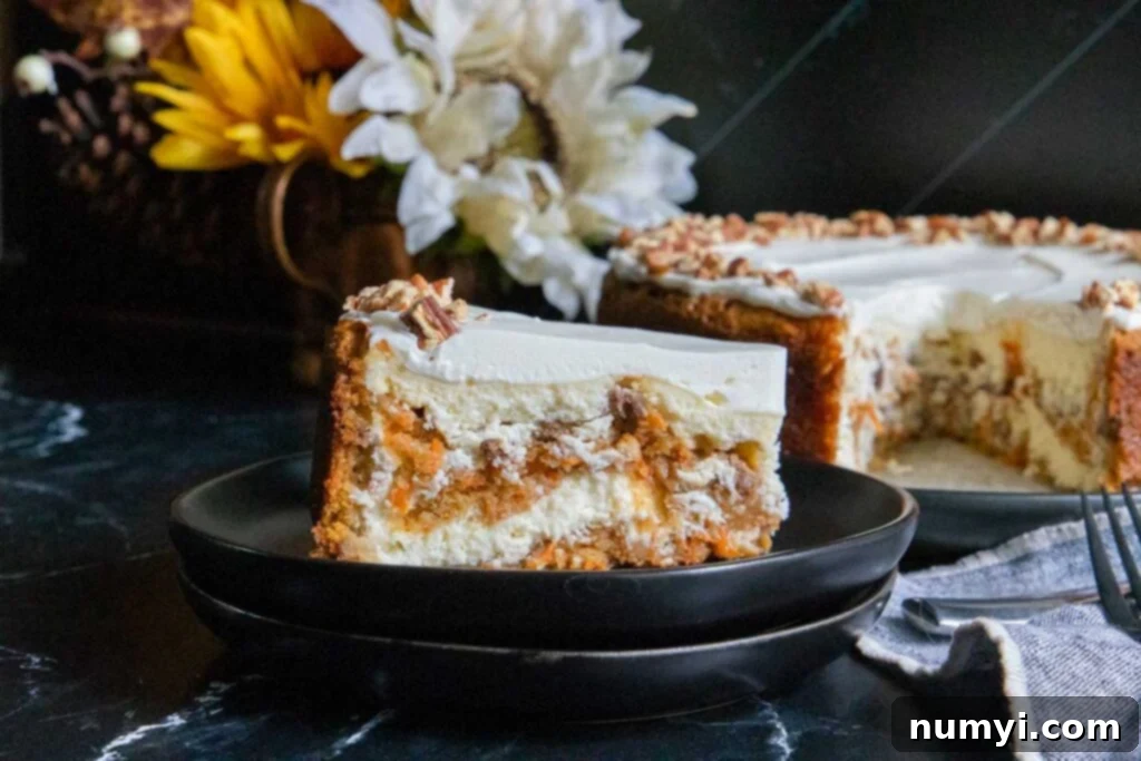 A perfectly sliced piece of carrot cake cheesecake, showcasing distinct layers of spiced carrot cake and creamy cheesecake, topped with smooth cream cheese frosting, elegantly presented on a black plate.
