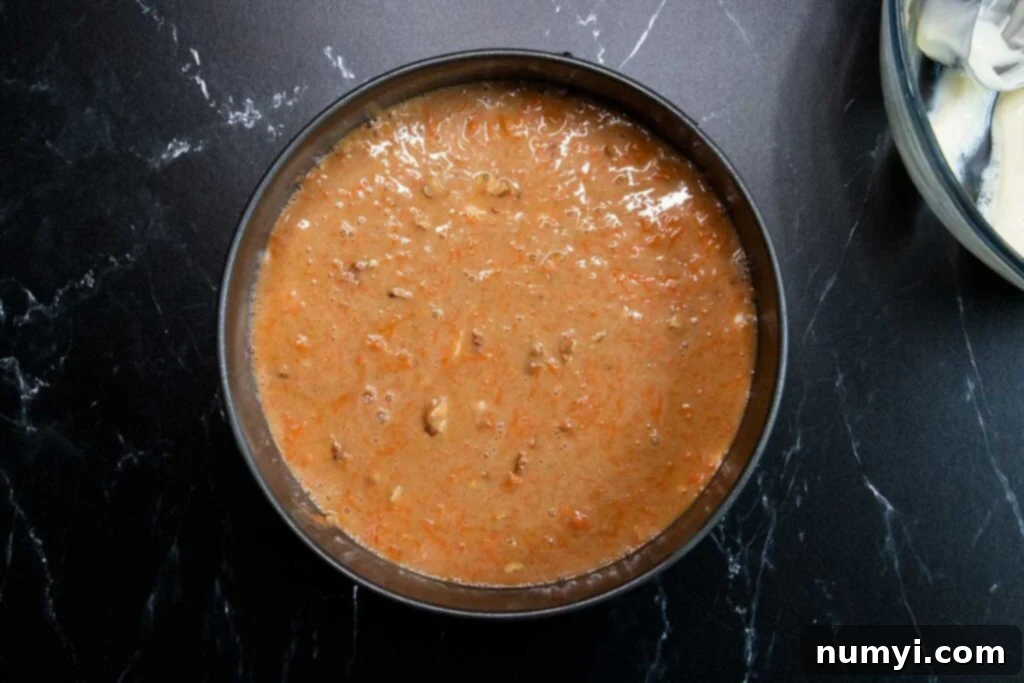 The third layer, consisting of the remaining carrot cake batter, meticulously spread over the cheesecake layer in the springform pan.