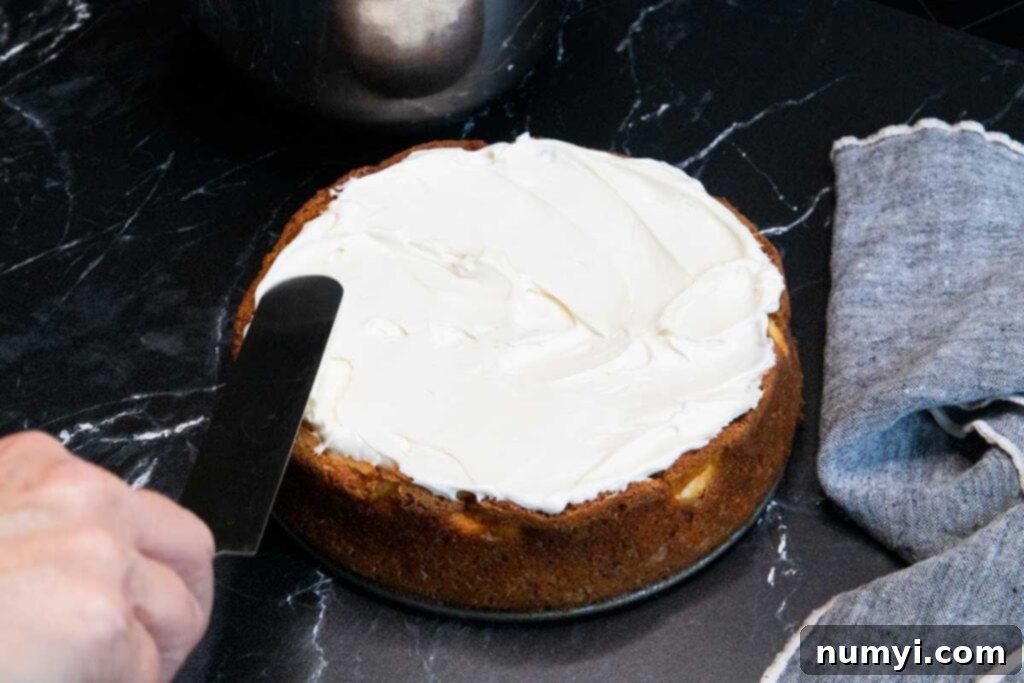 A creamy, white layer of cream cheese frosting being spread evenly over the top of a cooled carrot cake cheesecake with an offset spatula.