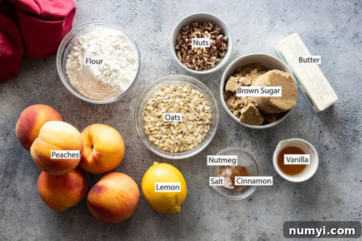 Ingredients: a selection of fresh peaches, all-purpose flour, old-fashioned oats, chopped pecans, brown sugar, butter, cinnamon, nutmeg, a lemon, and vanilla extract, laid out on a white surface.