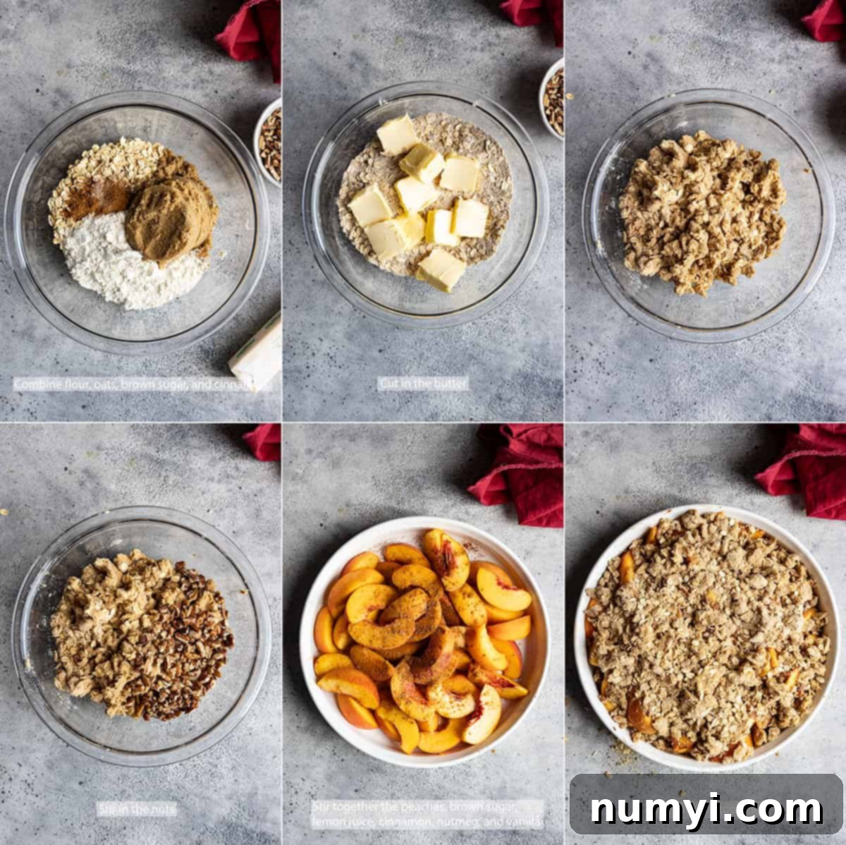 Six pictures showing how to make the crisp, from preparing peaches to adding the topping.